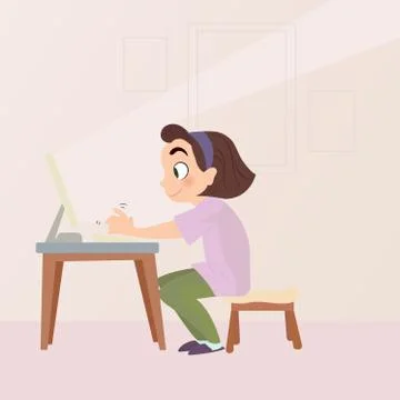 Young girl using the computer Illustrazione stock