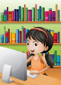A young girl using the computer at the library イラスト素材