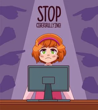 Young girl using desktop with stop bullying lettering and hands attacking Stock Illustration