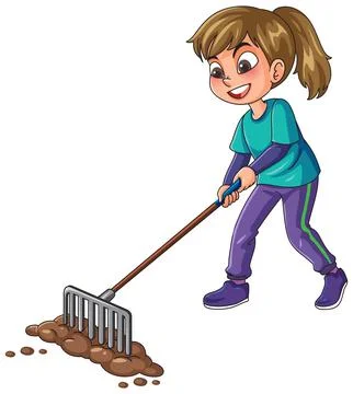 Young Girl Using a Garden Rake to Level Soil Vector Illustration Stock Illustration
