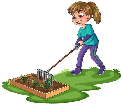 Young Girl Using a Garden Rake to Tend Small Seedlings Stock Illustration
