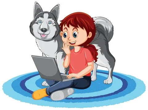 Young Girl Using Laptop While Sitting on Rug with Husky Dog Stock Illustration