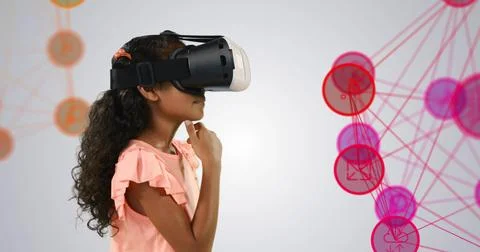 Young girl using VR headset exploring digital interface, engaging with Stock Illustration