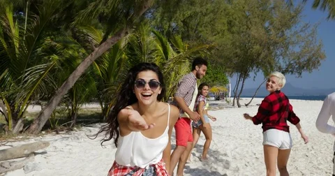 Young Girl Welcome You To Run With Happy People On Beach, Mix Race Men And Women Stock Footage