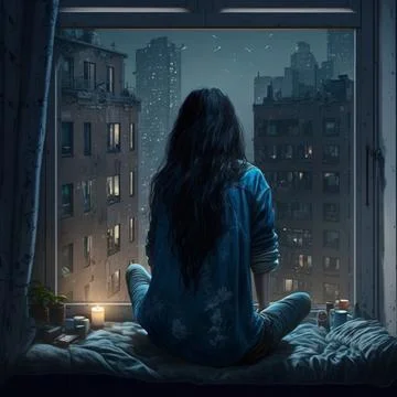 Young  girl in window Stock Illustration