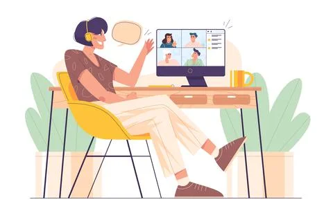 Young girl working in home office and conducting video meeting Stock Illustration