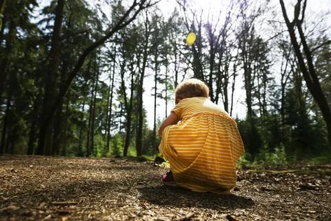 Young girl in yellow dress explores woodland Stock Photos