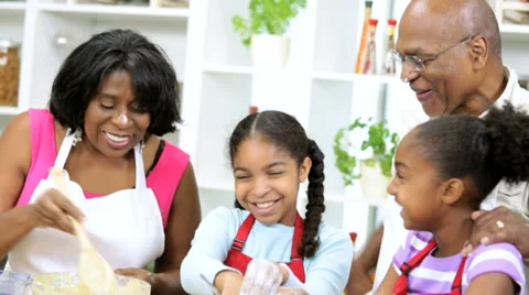Young Girls Baking Kitchen African American Grandparents Stock Footage