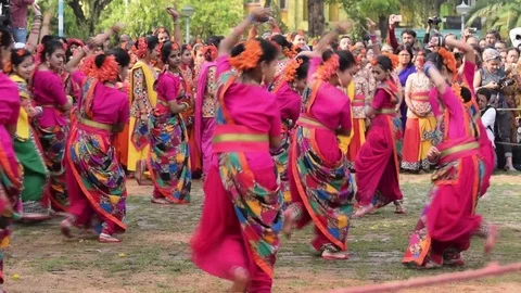 Young girls dancing at Holi / spring festival. Stock Footage 73389833