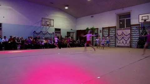 Young girls gymnasts at the New Year's performance in school of gymnastics Stock Footage