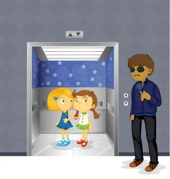 Young girls inside the elevator and a scary man outside Stock Illustration
