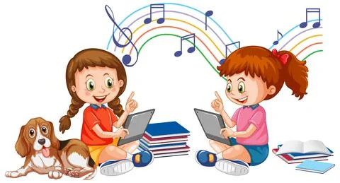 Young girls using tablet on white background イラスト素材
