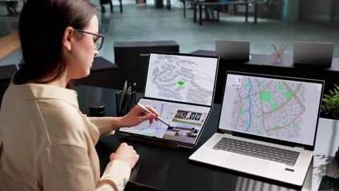 Young GIS Planner Studies City Map On Computer Stock Footage 338171689