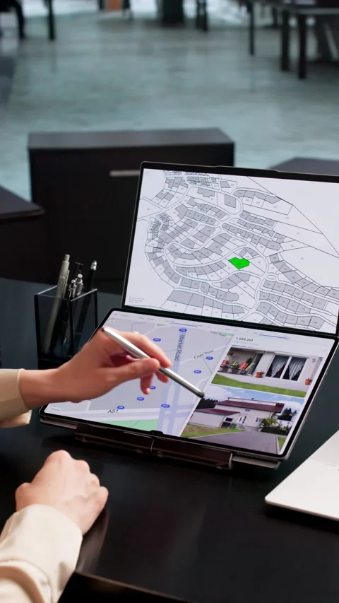 Young GIS Planner Studies City Map On Computer Stock Footage 339181834