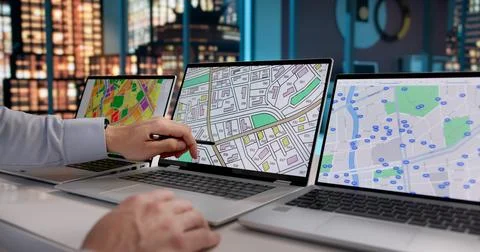 Young GIS Specialist Analyzes Intricate Urban Map With Cutting-Edge Software  Foto stock