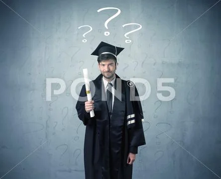 Young graduate teenager with question marks drawn Stock Photos