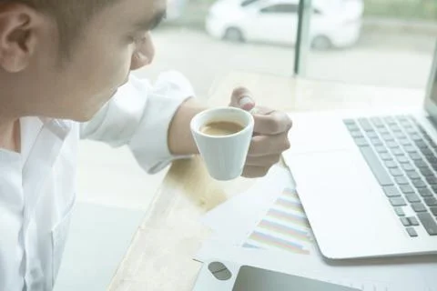 Young graphic designer working with computer. creative man using digital tabl Foto stock