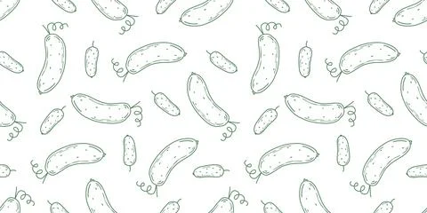 Young green cucumbers seamless pattern in doodle sketch style Stock Illustration
