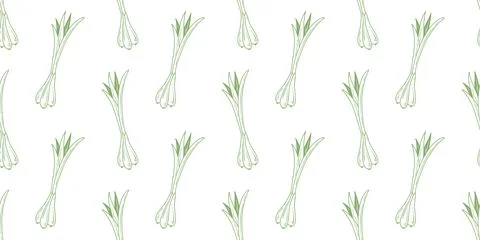 Young green onion seamless pattern in doodle sketch style Stock Illustration