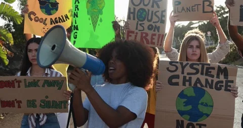 Young group of demonstrators protest for climate change Stock Footage