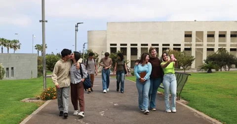 Young group of friends having fun outside with school building on background Stock Footage 203723280
