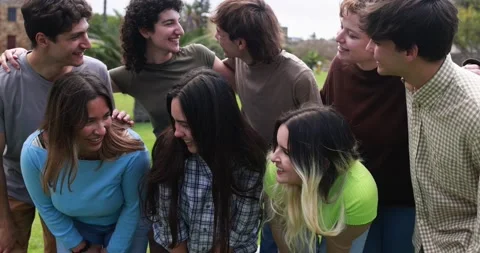 Young group of friends having fun outdoor with university on background Stock Footage 203724648