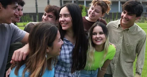Young group of friends having fun outdoor with university on background Stock Footage 203725047