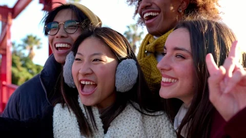 Young group of friends having fun enjoying winter vacation together. Stock Footage 255913404
