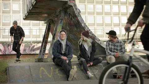 Young group sitting and watching skater Stock Footage 74402804