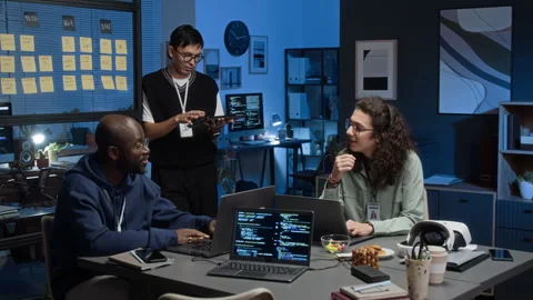 Young Group of Three Diverse IT Specialists Discussing Software Development Stock Footage 329617195
