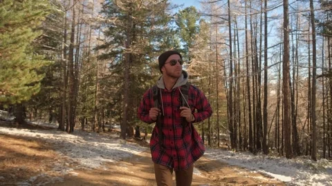 A young guy with a backpack in the hat, traveller, hipster standing in the woods Stock Footage 245556042