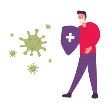Young guy battles coronavirus outbreak with a shield.Man wearing face masks. Stock Illustration