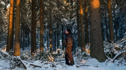 Young guy in a beautiful winter forest Stock Photos