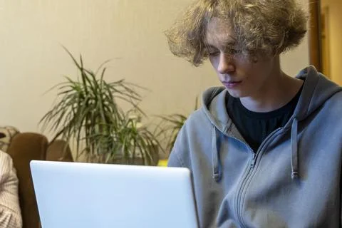 A young guy is being trained through a laptop. Remote communication Foto stock