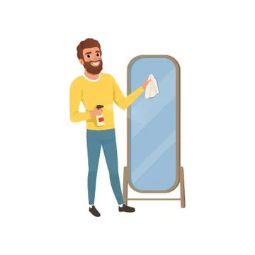 Young guy cleaning big bathroom mirror with rag and spraying detergent. Man Stock Illustration