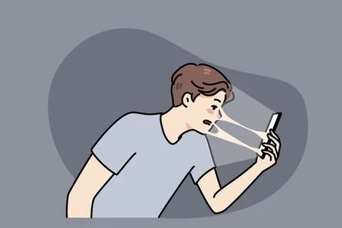 Young guy connected sealed to smartphone suffer from technology addiction Illustrazione stock