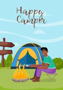 A young guy cooks marshmallows on a campfire. Summertime camping, hiking, cam Stock Illustration