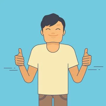 Young guy demonstrates thumbs up. Flat illustration of satisfied guy with like Illustrazione stock
