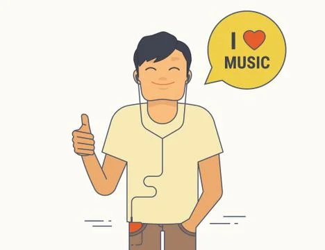 Young guy demonstrates thumbs up he likes listen to music. Flat illustration of Stock-Illustration