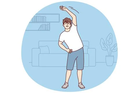 Young guy does warm-up while standing in home interior before jogging or doing Stock Illustration