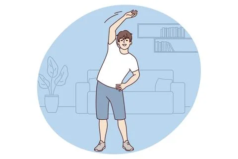 Young guy does warm-up while standing in home interior before jogging or doing Stock Illustration