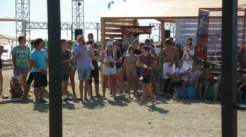 Young Guy Doing a Handstand on Parallel Bars in Competition Stock Footage 59412991