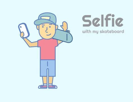 Young guy doing selfie with skateboard Stock Illustration