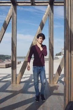 A young guy of Eastern appearance with black hair and a handsome expressive face 스톡 사진