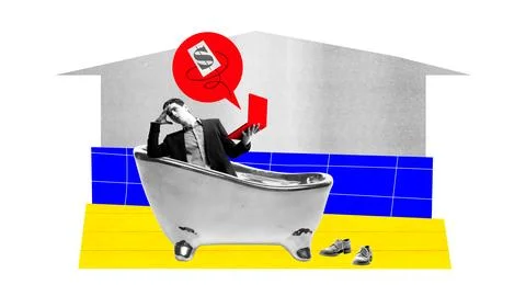 Young guy, freelancer lying on bath wit laptop and money sign over and holding Foto stock