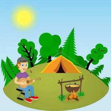 Young guy with a guitar in forest glade near the fire and tent Stock Illustration