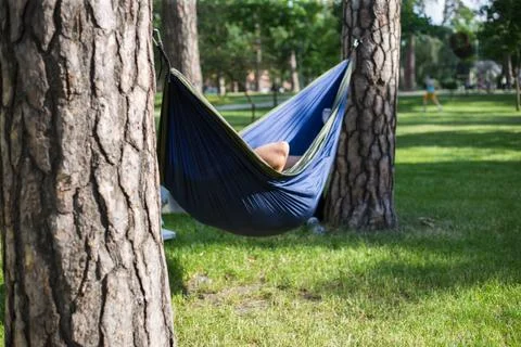 Young guy has a rest in summer in a hammock Stock Photos