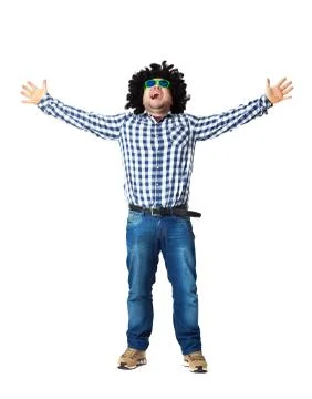 Young guy having fun in black wig - isolated on white. Stock Photos