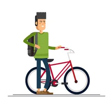 Young guy having fun riding bicycle with backpack Stock Illustration