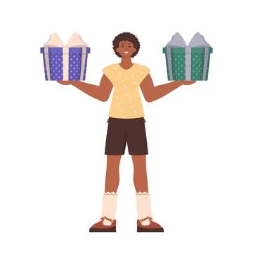 A young guy is holding a gift box. Modern flat vector illustration. Stock Illustration